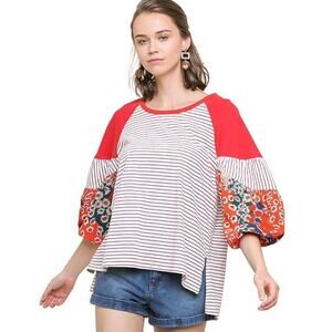 Umgee | Size L Yellow Striped Floral Sleeve Shirt Bubble Sleeve Boho Vintage